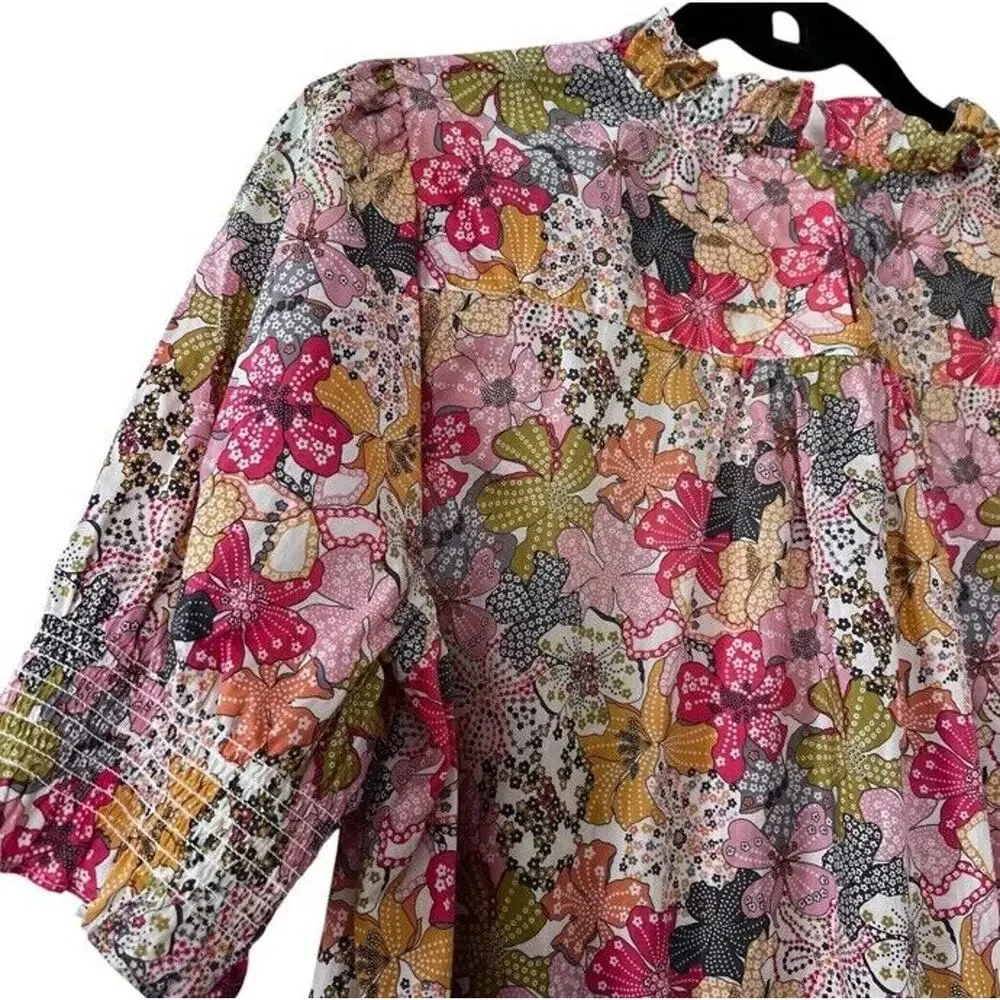 J. Crew Liberty print Floral Smocked Neck Blouse in Pink, Yellow & Green